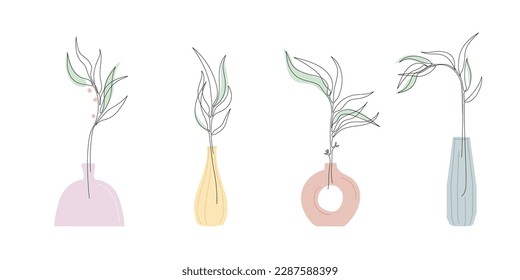 Ramificaciones en jarrones en un estilo de línea continua. Dibujo de plantas de color de una sola línea al estilo escandinavo. Arte de línea. Silueta de contorno de trazo editable de flores hermosas. Vector moderno con licencia