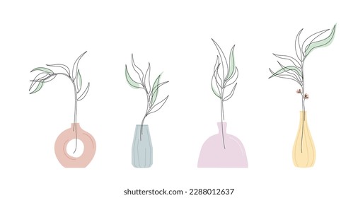 Branches in vases in One continuous line style. Single line colored drawing of plants in Scandinavian style. Line art. Editable stroke outline silhouette of beautiful flowers. Modern Vector with leave