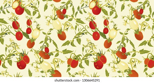 branches vector repeat pattern with red tomatoes, blossoms and branches.Novelty pattern. Kitchen.
