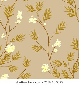 Branches with white flowers and gold leafs on a beige background. Seamless vector pattern.