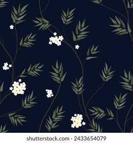 Branches with white flowers and green leafs on a dark blue background. Seamless vector pattern.
