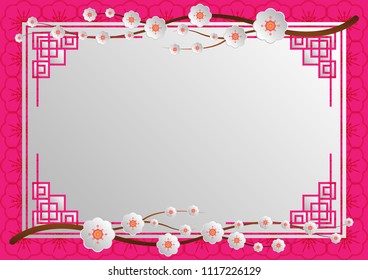 branches of white flowers, oriental frame on pink background for  greeting card, banner, wallpaper or poster, paper cut out style. Vector illustration