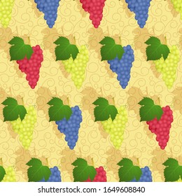 Branches of white, purple and red grapes. Vine branch with leaves. Elegant background with monograms and ornaments.Design of food products. Seamless pattern. Vector illustration.