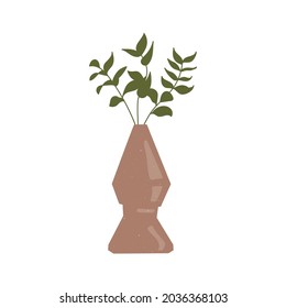 С composición de ramas con hojas en el jarrón marrón claro. Ilustración plana vectorial.