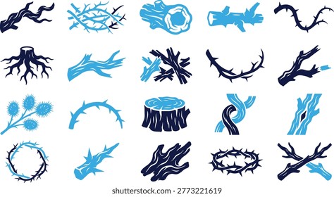 Branches wood texture thorns tree stump nature elements rustic organic forest icons.
