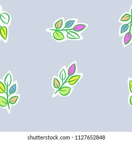 Branches,leaves, doodles,dashed lines, tags seamless  pattern. Hand drawn.
