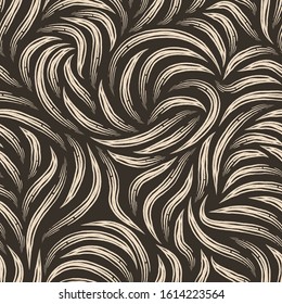 Branching beige stripes seamless pattern on a brown background. Smooth lines texture for for fabrics or packaging. Design template