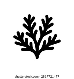 Branching coral or plant stem with multiple leafy offshoots, solid black silhouette vector illustration