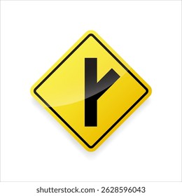Branching off road sign icon. Flat vector illustration of traffic sign indicating lane split or road diverging, on yellow diamond board for traffic safety and road guidance.