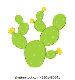 Branching prickly pear cactus with yellow flowers. Green opuntia pad plant with small sharp needles. Flat style desert flora element isolated on white background.