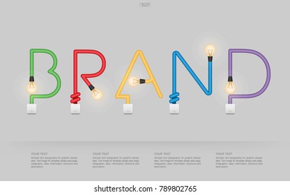 "BRAND" Abstract linear alphabet of light bulb and light switch on gray background. Lamp and switch with area for infographic and text. Vector illustration.