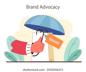 Brand Advocacy concept. Protecting and endorsing a brand with a thumbs-up gesture under an umbrella. Customer loyalty and positive promotion in focus. Flat vector illustration