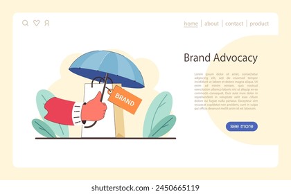 Brand Advocacy concept. Protecting and endorsing a brand with a thumbs-up gesture under an umbrella. Customer loyalty and positive promotion in focus. Flat vector illustration