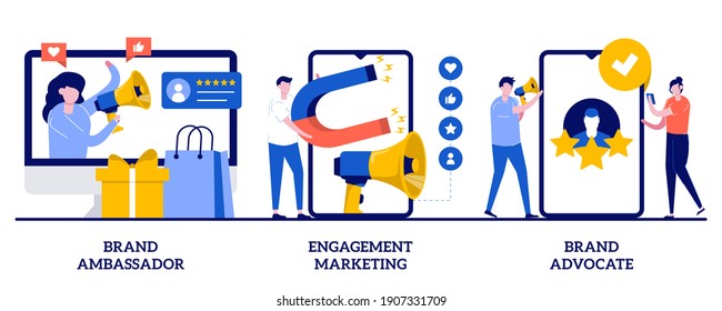 Brand advocate and ambassador, engagement marketing concept with tiny people. Internet marketing abstract vector illustration set. Brand representative, trademark, smm marketing strategy metaphor.