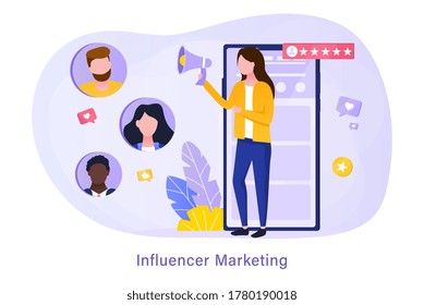 Brand Advocate Making Marketing Announcements On A Megaphone From A Mobile Device To A Diverse Group Of Customers Or Clients, Colored Vector Illustration