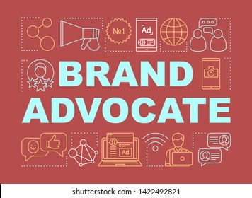 Brand advocate word concepts banner. Influencer, viral marketing tools. Customer attraction strategy. Presentation, website. Isolated lettering typography, linear icons. Vector outline illustration