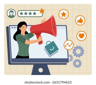 Brand Ambassador concept. Woman promoting brands with a megaphone, fostering online engagement.