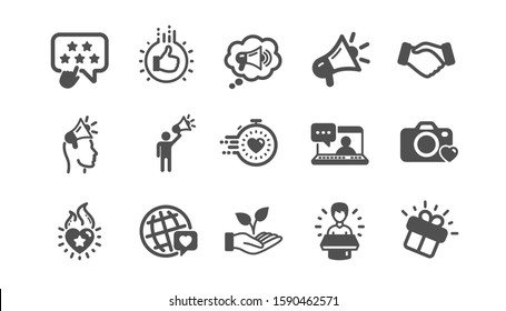 Brand ambassador icons. Influence people, Megaphone and Representative. Handshake, influencer marketing person, ambassador person icons. Classic set. Quality set. Vector