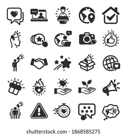 Brand ambassador icons. Influence people, Megaphone and Representative. Handshake, influencer marketing person, social media like icons. Ambassador person. Brand pr. Flat icon set. Vector