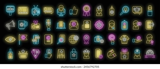 Brand ambassador icons set outline vector. Influence pr. Megaphone brand neon color on black