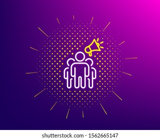 Brand ambassador line icon. Halftone pattern. Holding megaphone sign. Advertisement device symbol. Gradient background. Brand ambassador line icon. Yellow halftone pattern. Vector