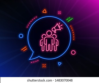 Brand ambassador line icon. Neon laser lights. Holding megaphone sign. Advertisement device symbol. Glow laser speech bubble. Neon lights chat bubble. Banner badge with brand ambassador icon. Vector