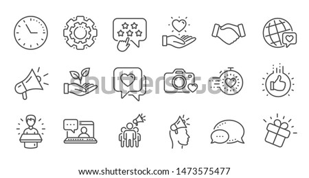 Brand ambassador line icons. Influence people, Megaphone and Representative. Handshake, influencer marketing person, ambassador person icons. Linear set. Quality line set. Vector