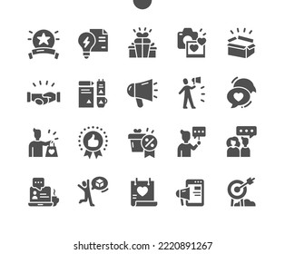 Embajador de marca. Producto y promoción. Publicidad en Internet. La gente reseña. Iconos sólidos vectoriales. Pictograma simple