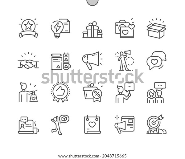 Brand ambassador. Product and promotion.\
Internet advertising. People reviews. Pixel Perfect Vector Thin\
Line Icons. Simple Minimal\
Pictogram