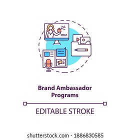 Brand ambassador programs concept icon. Influencer marketing agency service idea thin line illustration. Advertising tool. Vector isolated outline RGB color drawing. Editable stroke