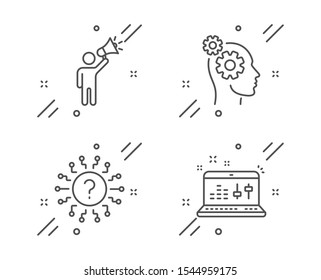 Brand ambassador, Question mark and Thoughts line icons set. Sound check sign. Megaphone, Quiz chat, Business work. Dj controller. Business set. Line brand ambassador outline icon. Vector