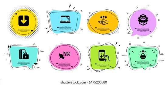 Brand ambassador, Scroll down and Consolidation line icons set. Chat bubbles with quotes. Load document, Blocked card and Laptop signs. Packing boxes, Quick tips symbols. Vector