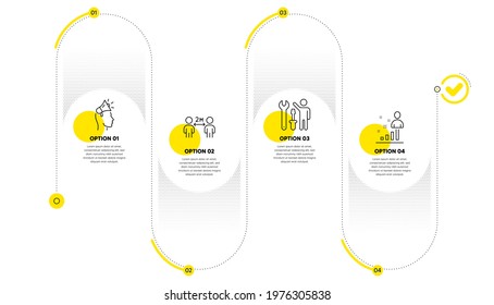 Brand ambassador, Social distancing and Repairman line icons set. Timeline process infograph. Stats sign. Megaphone, Quarantine, Repair screwdriver. Business analysis. People set. Vector