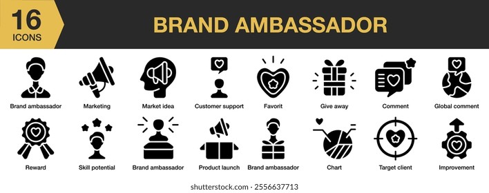 Brand Ambassador solid icon set. Includes favorit, give away, comment, chart, target client, improvement, product launch, and More. Solid icons vector collection.