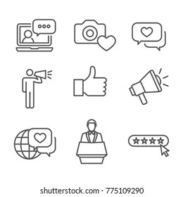 Brand Ambassador Thin Line Outline Icon Set w Megaphone, Influencer Marketing Person and Representative