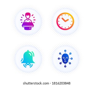 Brand Ambassador, Time And Clock Bell Icons Simple Set. Button With Halftone Dots. Face Biometrics Sign. Man Speak, Clock, Alarm. Facial Recognition. Technology Set. Vector