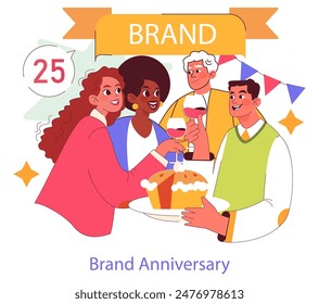 Concepto de aniversario de marca. Grupo diverso que celebra el hito de la empresa con pastel y bebidas. Corporativa festividad y alegría compartida. Ilustración vectorial.