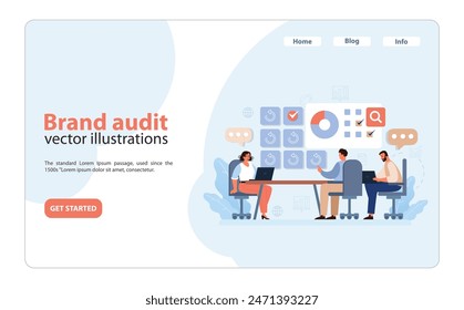 Brand Audit Process. A detailed vector illustration depicting a team conducting a thorough analysis and review of brand elements to guide strategic rebranding efforts. Flat vector illustration.