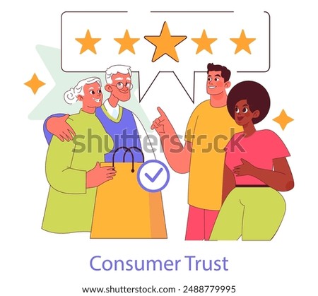 Brand Authenticity concept. Diverse group of happy customers with a five-star rating, depicting satisfaction and trust. Customer approval and positive feedback. Vector illustration.