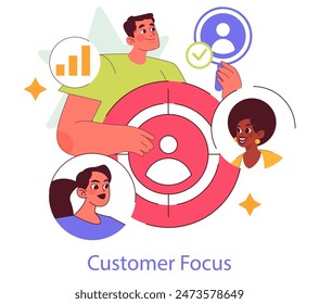 Brand authenticity concept. Diverse team prioritizing customer satisfaction with targeted strategies. Client-centric approach for business success. Vector illustration.