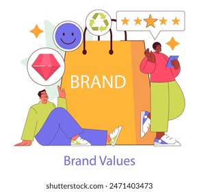 Brand Authenticity concept. Illustration highlighting trust, quality, and sustainability as brand values. Happy customers engage with ethical brands. Vector illustration.