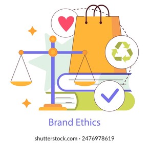 Brand Authenticity concept. Illustration portraying the balance of love and sustainability in brand ethics. A shopping bag with a heart juxtaposed with recycling symbol. Vector illustration.