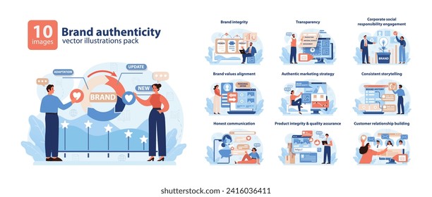 Brand Authenticity Concept. Illustrative set showcasing key principles like brand integrity, transparency, and CSR engagement for effective brand positioning. Flat vector illustration.