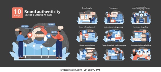 Brand Authenticity Concept. Illustrative set showcasing key principles like brand integrity, transparency, and CSR engagement for effective brand positioning. Flat vector illustration.