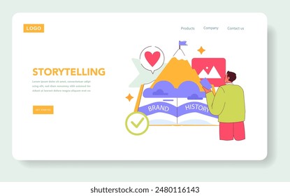 Brand Authenticity concept. A person illustrates a brand's story on an open book to convey authenticity and history. Storytelling and identity building. Vector illustration.