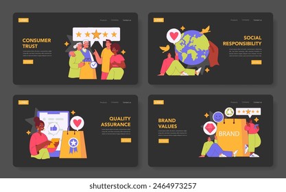 Brand Authenticity set ilustra la construcción de confianza, responsabilidad social, garantía de calidad y valores fundamentales con atractivas escenas de interfaz de Web. Ilustración vectorial plana.