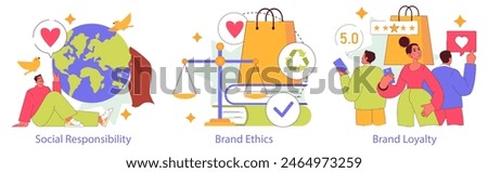 Brand Authenticity set. Illustrations representing social responsibility, brand ethics, and customer loyalty. Love for the earth, ethical balance, and positive reviews in marketing. Vector