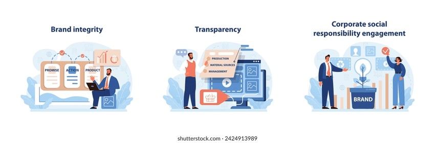 Brand Authenticity Set. A visual trio depicting brand integrity, transparency in operations, and active corporate social responsibility, essential for trustworthy branding. Flat vector illustration.