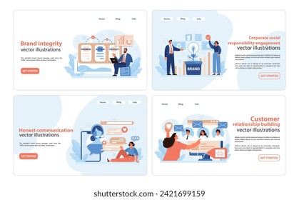 Brand Authenticity Web Banners. Engaging set of web banner designs focusing on brand integrity, CSR, honest communication, and customer relationship building. Flat vector illustration.