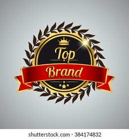 The brand award label golden colored with ribbon and crown, vector illustration.